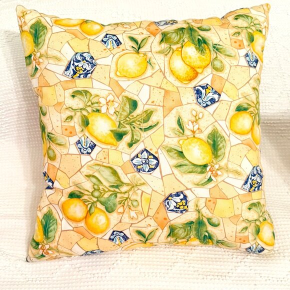 Lemon Print Tuscan Mosaic Tile Cotton Fabric Throw Pillows 16" Square - Set 3 - Picture 5 of 7